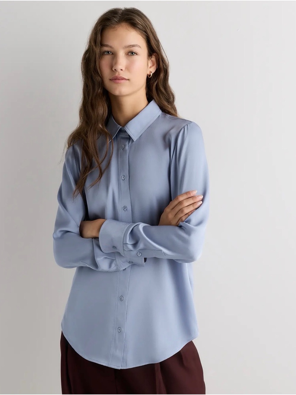 Quince Light Blue silk Button-Down Long-Sleeve Shirt